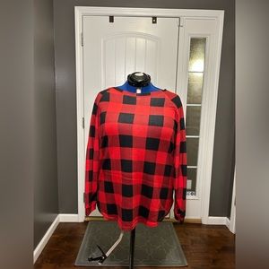 47 Chic Soul Red & Black Flannel Patterned Boat Neck Long Sleeved Shirt Size 1x